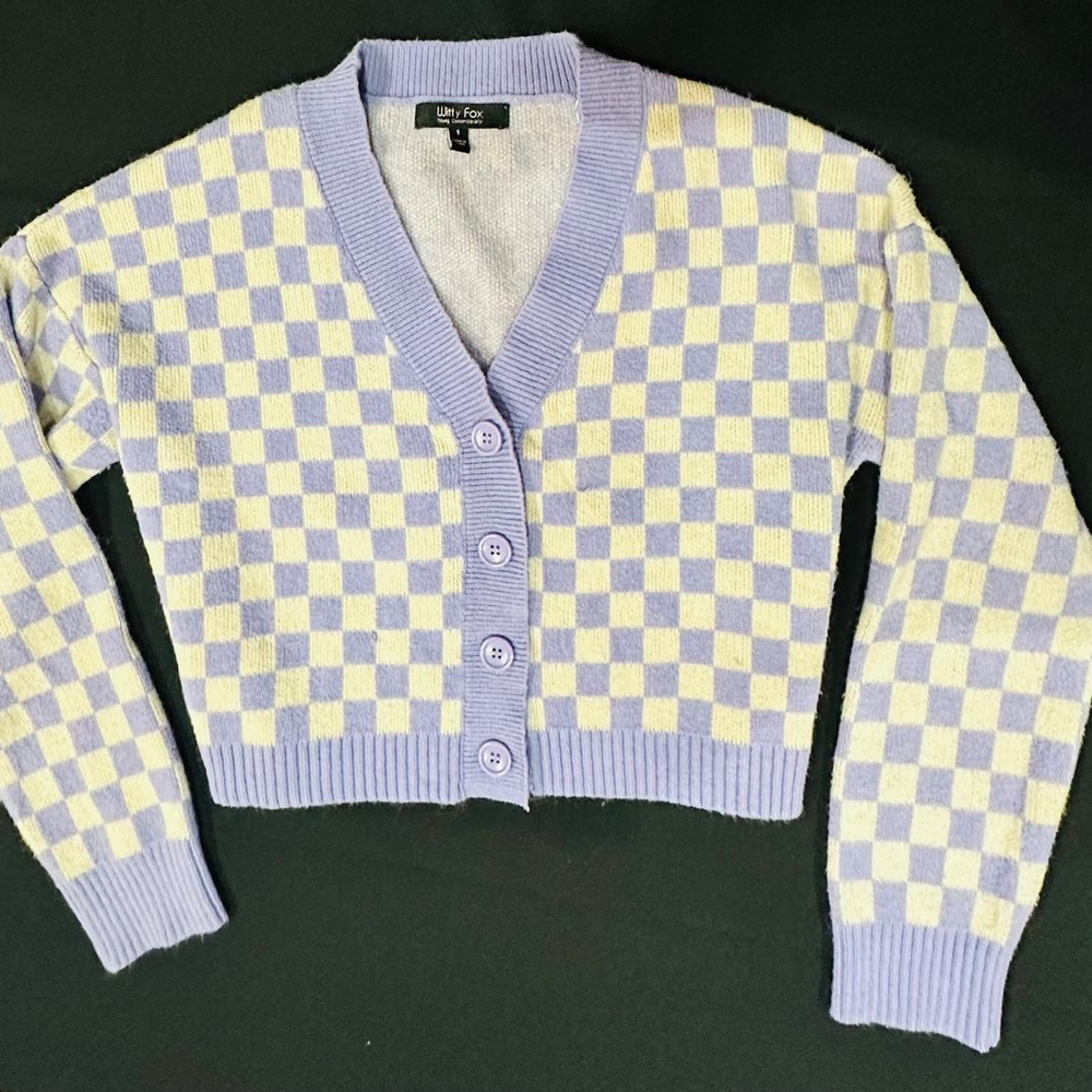Lil' Fox Junior Women's Checkered Cardigan - Lavender and Cream